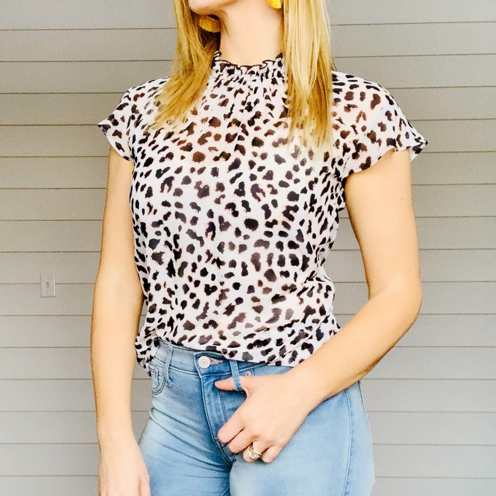 Express Leopard Ruffle Mock Neck Sheet Top | S